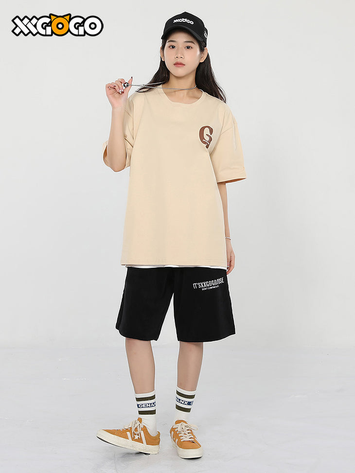 Letter G printed loose sleeved cotton round neck T-shirt