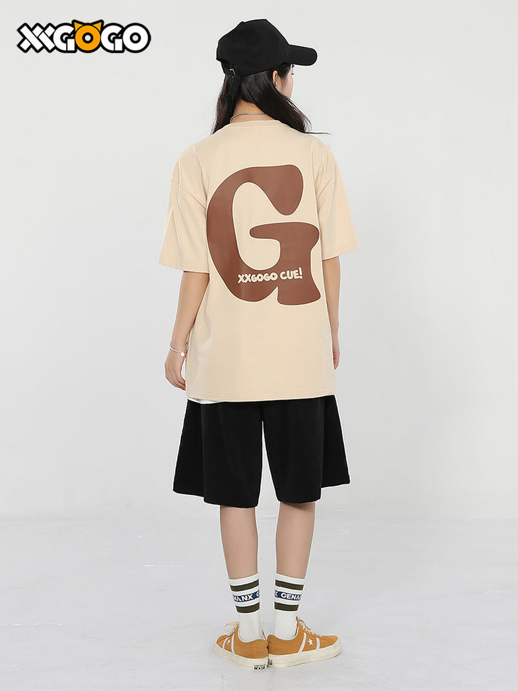 Letter G printed loose sleeved cotton round neck T-shirt