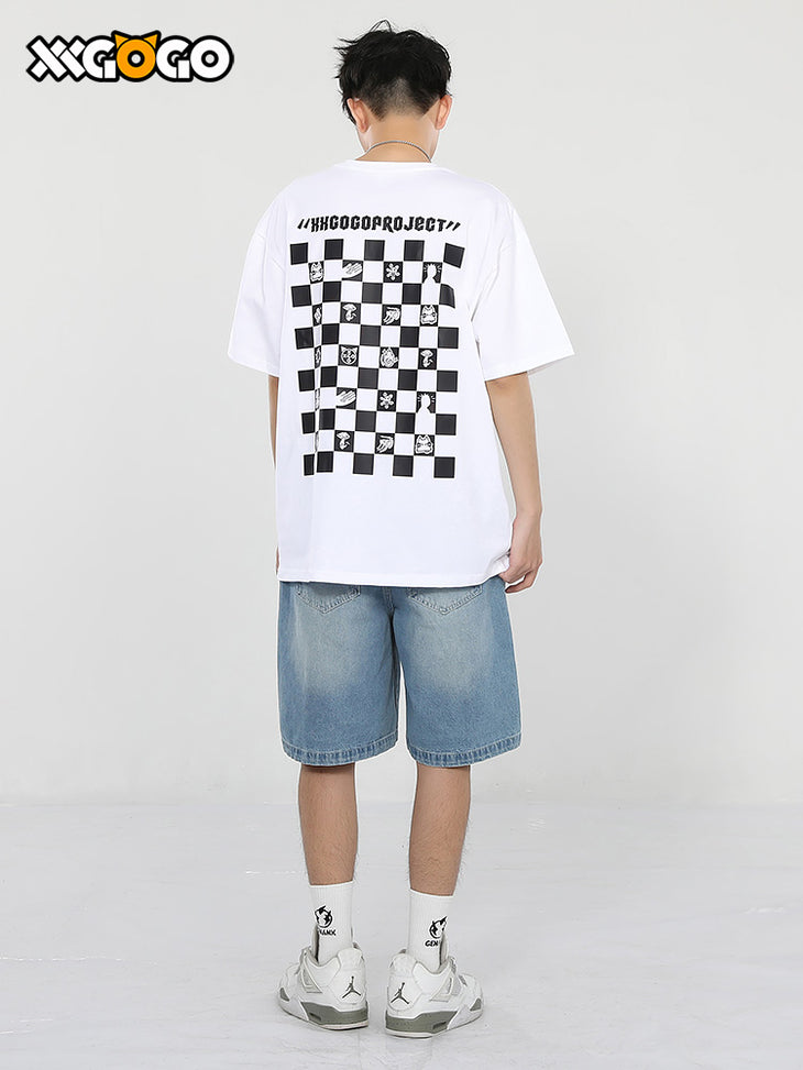 Checkerboard creative pattern alphabet print loose sleeved cotton T-shirt