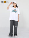 Chequered jacquard English letter printed loose straight leg drawstring casual pants