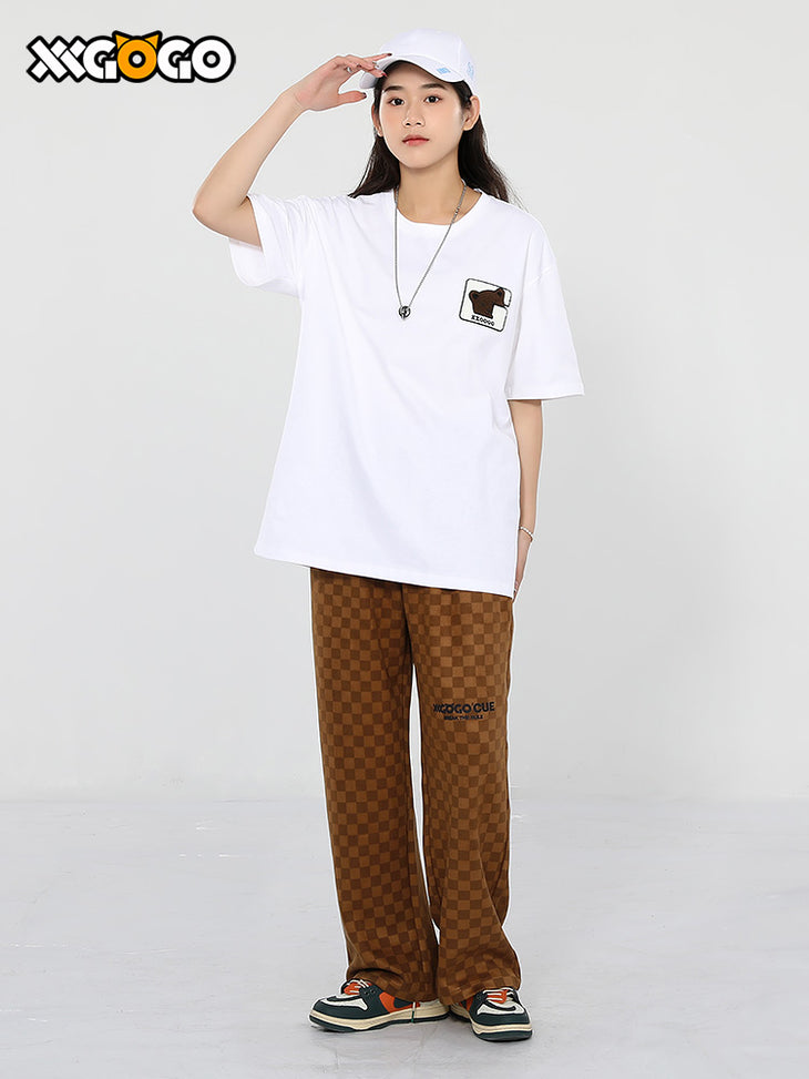 Chequered jacquard English letter printed loose straight leg drawstring casual pants