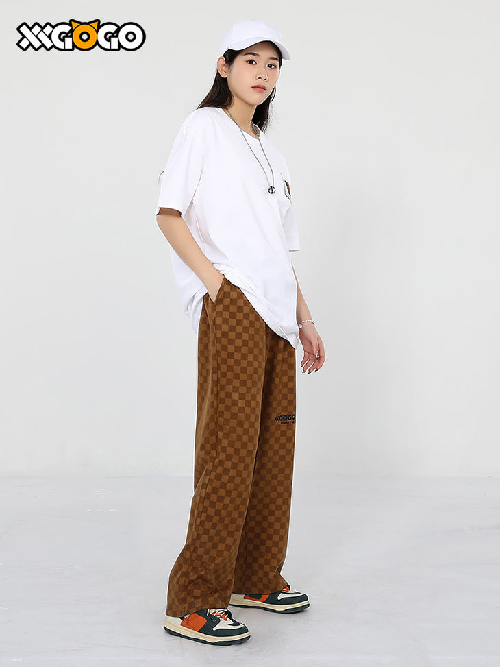 Chequered jacquard English letter printed loose straight leg drawstring casual pants