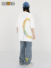 Rainbow color curved line letter print loose sleeved round neck T-shirt