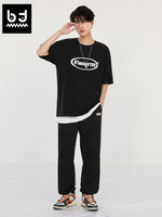 Simple sport wind side striped ribbon embroidered label drawstring leg sweatpants