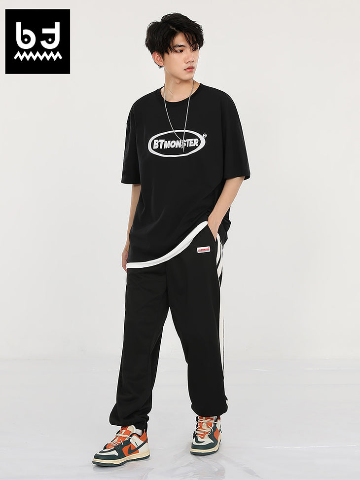 Simple sport wind side striped ribbon embroidered label drawstring leg sweatpants