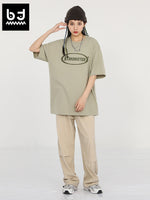 Simple basic solid color embroidered standard elastic rope buckle pant leg casual pants