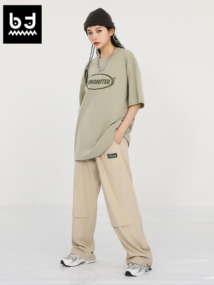 Simple basic solid color embroidered standard elastic rope buckle pant leg casual pants