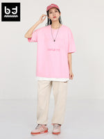 English letter foam print loose sleeved cotton round neck T-shirt