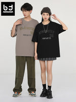 English letter foam print loose sleeved cotton round neck T-shirt