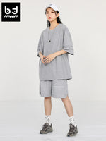 Simple casual style reflective printed striped loose shoulder waffle T-shirt