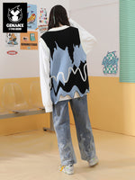 Irregular wavy hem color contrast jacquard V-neck sleeveless vest sweater
