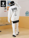 Creative dislocation splicing different materials patchwork color graffiti printed cloth off shoulder hoodie