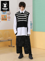 Preppy two-piece sweater shirt with striped ribbon in black and white