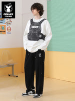 Fun workwear style vest print zipper pocket drop shoulder space cotton hoodie