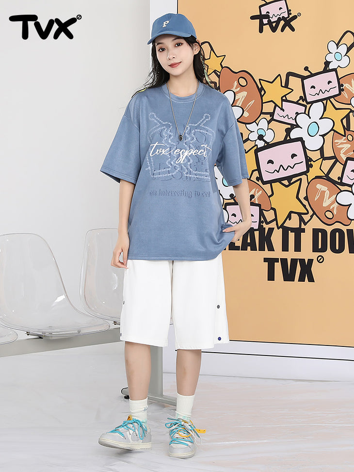 Creative Pattern English Print loose sleeved suede round neck T-shirt