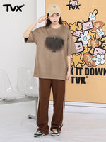 Alphanumeric small Flame print loose sleeved suede T-shirt