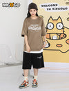 Fun English letter print loose sleeved suede round neck T-shirt