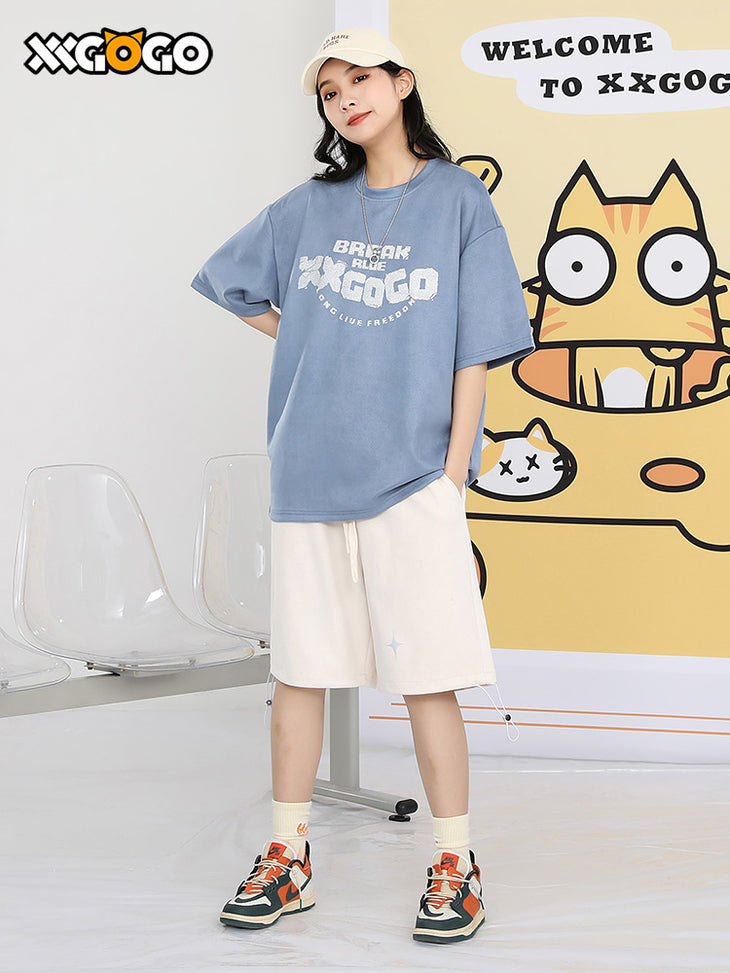 Fun English letter print loose sleeved suede round neck T-shirt
