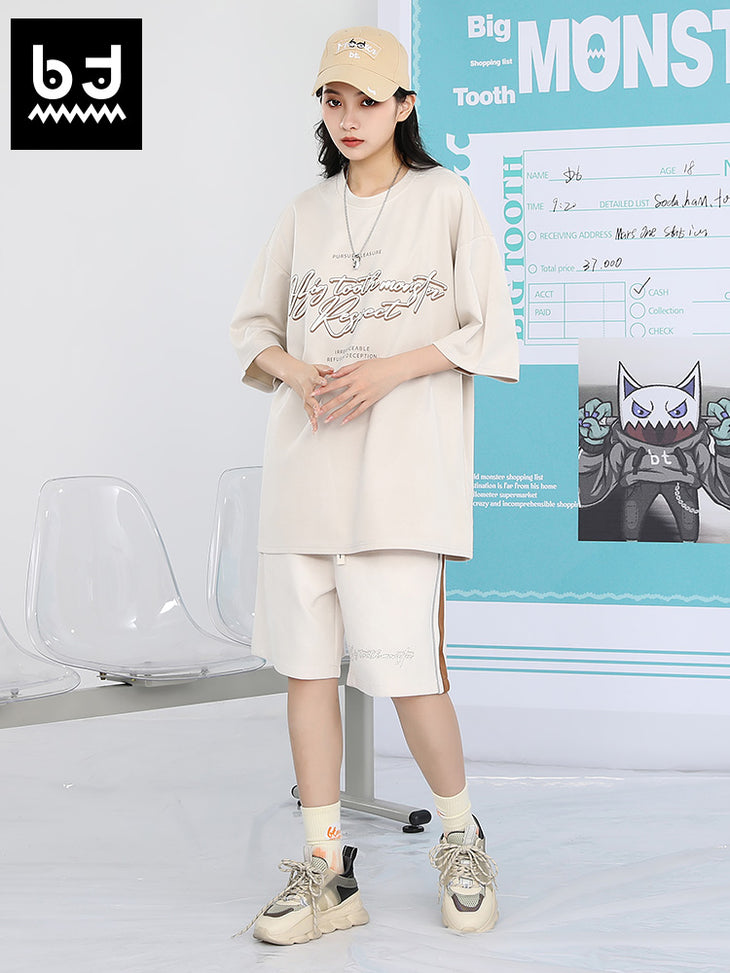 Creative English letter print loose sleeved suede T-shirt