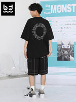 Three-dimensional English letter print loose sleeved suede round neck T-shirt