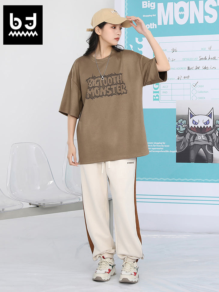 Creative English letter print loose sleeved suede T-shirt