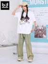Street style vertical thread wash embroidered label drawstring elastic waistband jeans