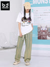 Street style vertical thread wash embroidered label drawstring elastic waistband jeans