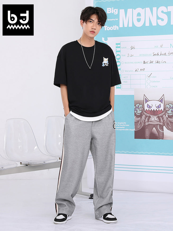 Letter B embroidered label side color contrast striped baggy wide-leg casual pants