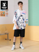 Lightning Jun print extra loose Bat-sleeved space cotton moisture wiry T-shirt