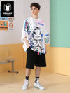 Lightning Jun print extra loose Bat-sleeved space cotton moisture wiry T-shirt