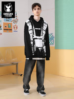 Fun graffiti printed rotund sleeve ribbed closed pure cotton solid color hoodie