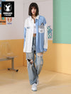 Asymmetrical color patchwork Flash print embroidered chapter drop sleeve shirt