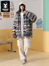 Fleece-wool cotton jacket with accent colour gradient embroidered stand-up collar with sleeved stretch rope