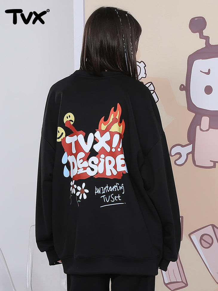 Smiley face flame flower cartoon TV letter-printed non-slip cotton hoodie