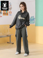Color contrast laminated detachable patchwork half culottes printed drawstring casual pants