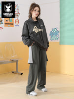 Color contrast laminated detachable patchwork half culottes printed drawstring casual pants