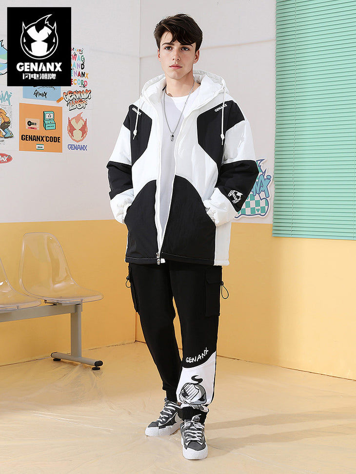 Black and white color contrast Lightning King printed cargo pocket stretch leg casual pants