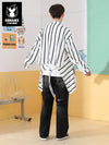 Contrasting color stripes irregular creative version type lace embroidered standard long sleeve shirt