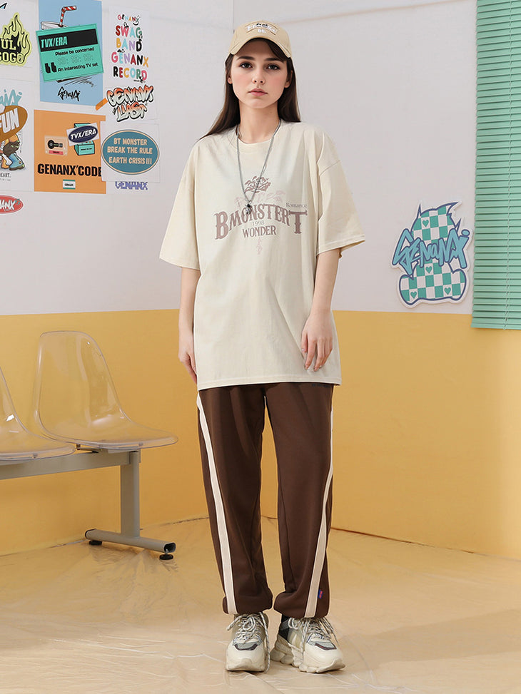 Rose English letter printed loose sleeved cotton round neck T-shirt