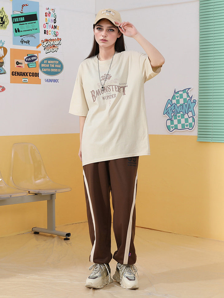 Rose English letter printed loose sleeved cotton round neck T-shirt