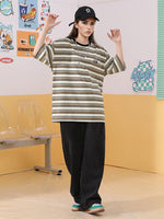 Retro street style color contrast horizontal striped LOGO embroidered logo round neck T-shirt