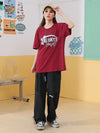 English letter print loose sleeved cotton round neck T-shirt