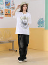 Bear print letter print loose sleeved cotton round neck T-shirt