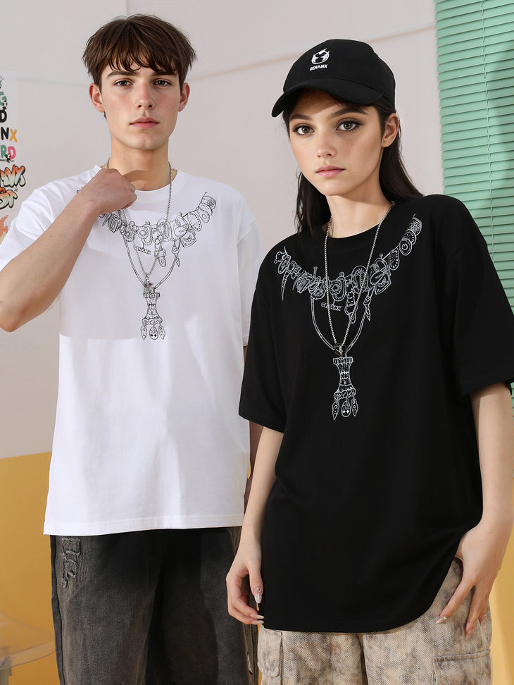 Indian style Skull necklace pattern printed round neck simple T-shirt