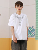 Indian style Skull necklace pattern printed round neck simple T-shirt