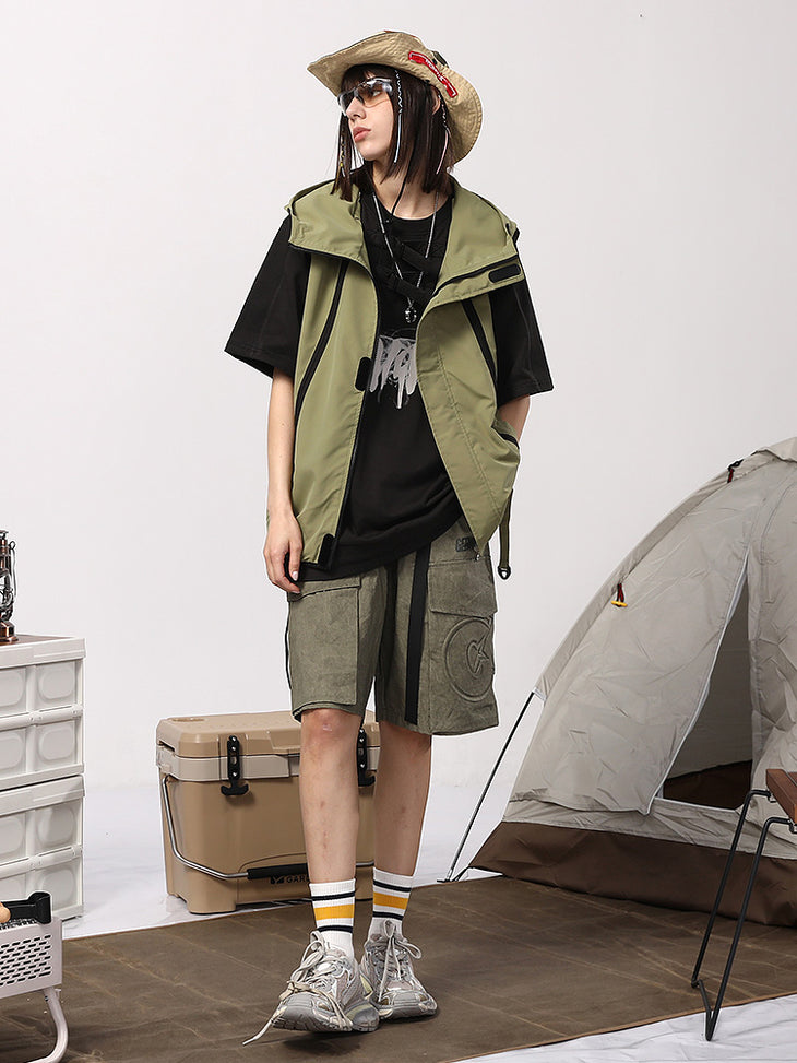 Meichao Mountain system waterproof woven fabric letter printed color stripes elastic rope clip hooded vest