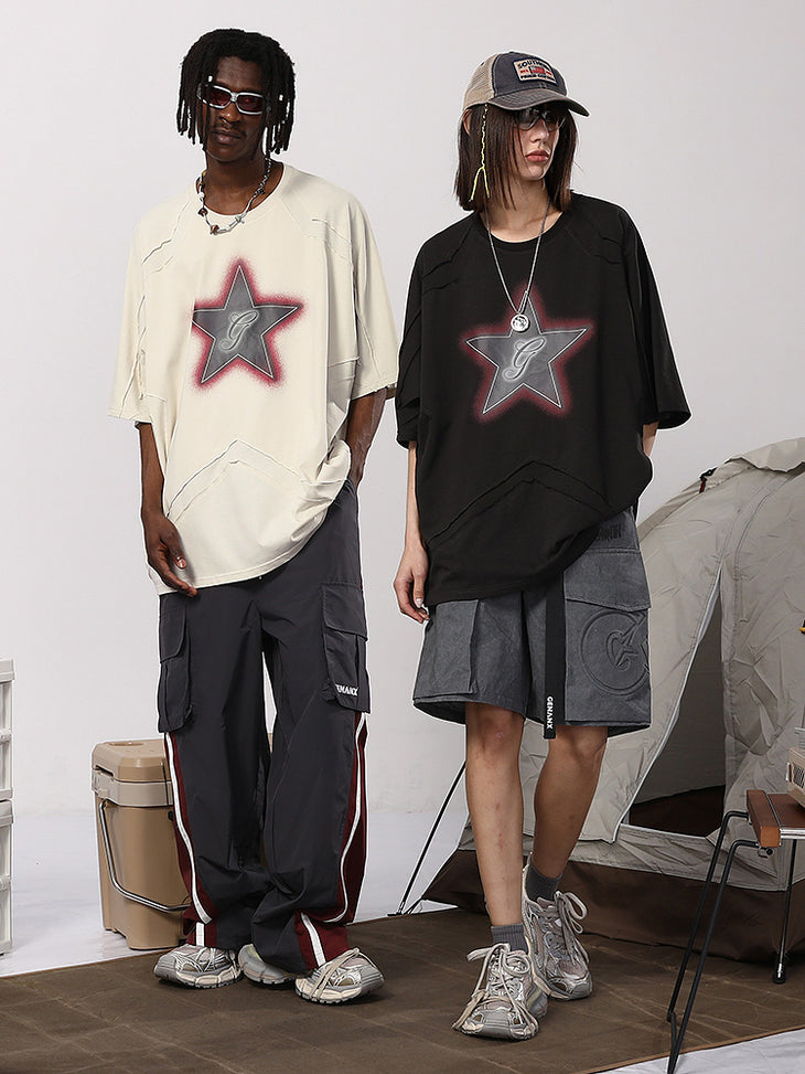 New fine cotton star print laminated patchwork loose heavy T-shirt