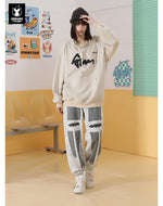 Letter-printed color matching cloth riveted elastic leg thickened casual pants