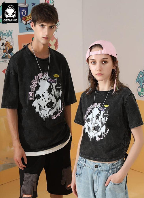 Graffiti Dalmatians Print Dropped Sleeve Cotton Black Gray T-Shirt