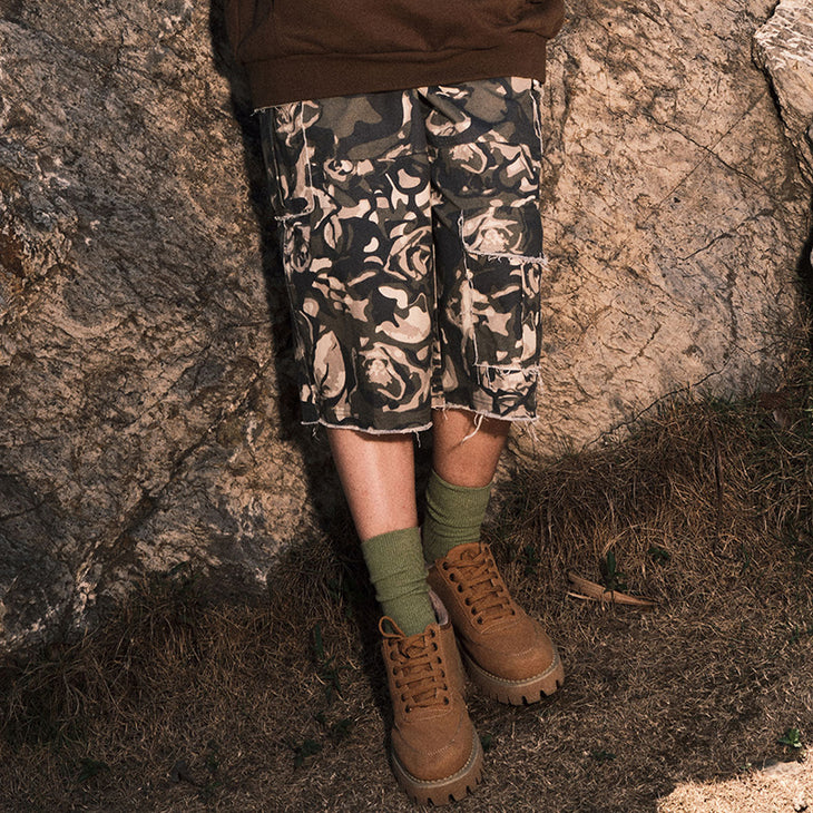 【GENANX2024NEW】Vintage cargo style camo print multi-pocket cotton capri casual pants